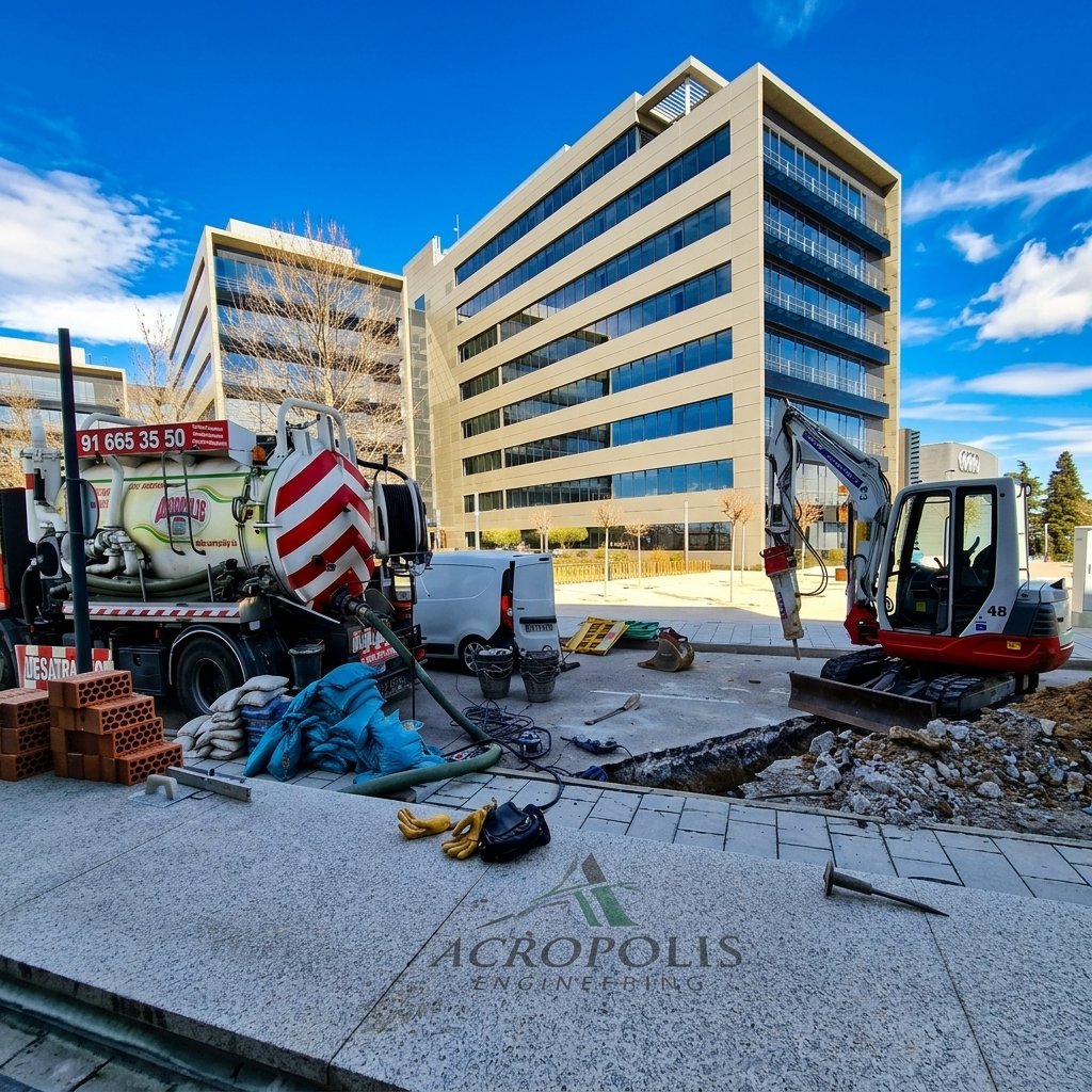 Obras de pocería tradicional con apertura de zanja y colocación de colectores en Madrid