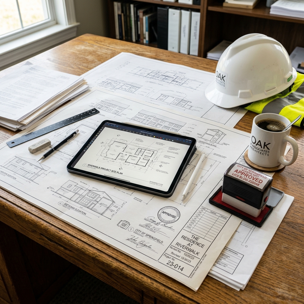 Planos de arquitectura, proyectos de ingeniería y licencias de obra sobre un escritorio