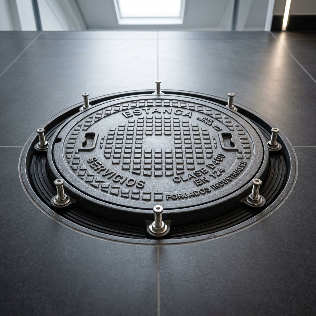 Tapa de arqueta hermética de chapa galvanizada instalada a ras de suelo